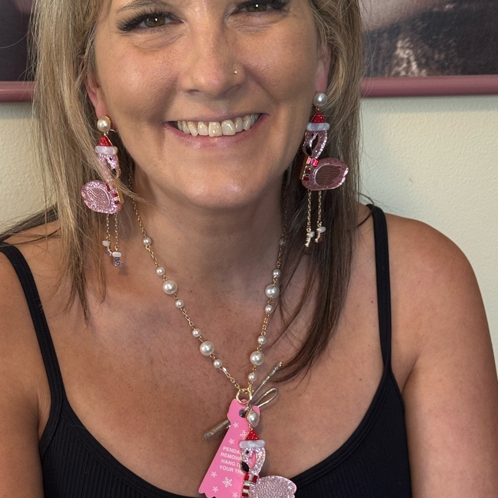 Betsey Johnson Flamingo Christmas Earrings and Statement Necklace